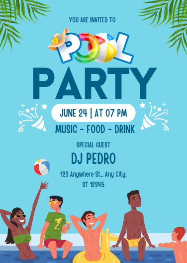 Vibrant Blue Simple Pool Party Invitation Template