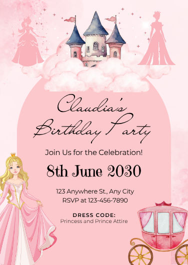 Pink Illustrated Princess Birthday Party Invitation