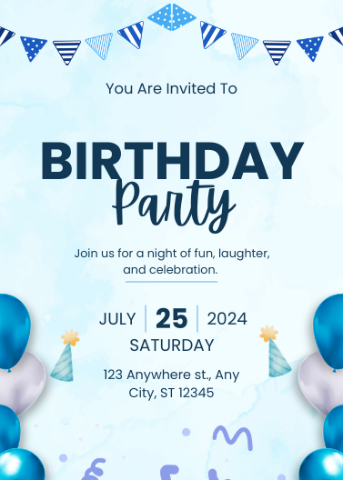 Simple Blue and White Birthday Party Invitation Template