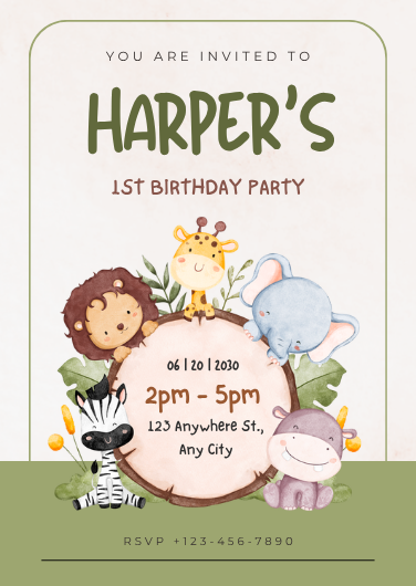 Cream and Green Jungle Theme 1st Birthday Invitation