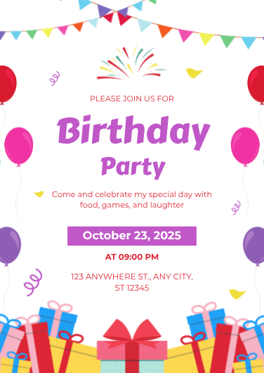Pink and Purple Playful Birthday Party Invitation