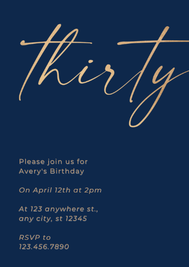 Elegant 30th Birthday Navy and Gold Invitation Template