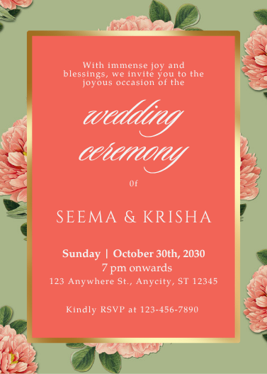 Sage Green and Coral Orange Floral Wedding Invitation