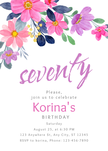 Elegant Pink and Purple Floral 70th Birthday Invitation