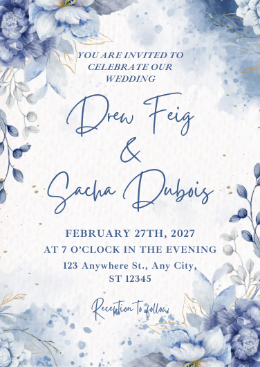 Blue and White Floral Watercolor Wedding Invitation