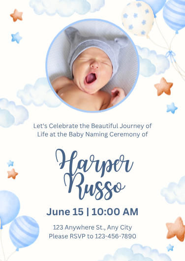 Soft Blue and White Photo Naming Ceremony Invitation