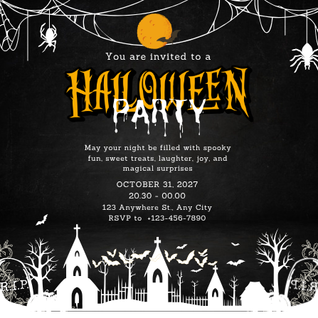Black and Gold Spooky Halloween Party Invitation Template