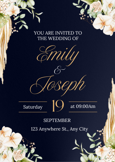 Navy Blue and Cream White Floral Wedding Invitation