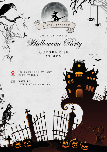 Vintage Black and White Halloween Party Invitation