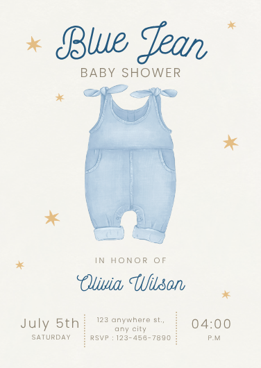 Watercolor Blue Jean Baby Shower Invitation Template