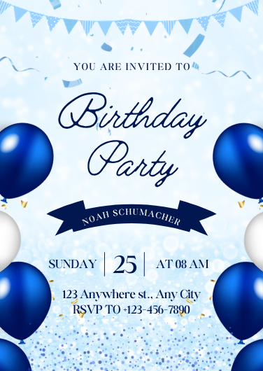 Blue and White Balloon Birthday Party Invitation Template
