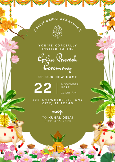 Green Traditional Griha Pravesh Ceremony Invitation