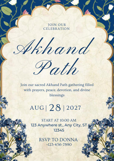 Blue Floral Traditional Akhand Path Invitation Template