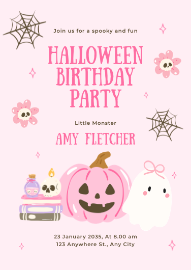 Pink and White Playful Halloween Birthday Invitation Template