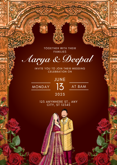 Gold and Red Decorative Traditional Wedding Invitation