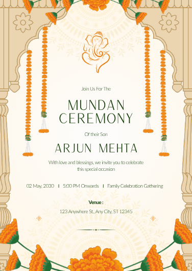 Beige and Orange Traditional Mundan Ceremony Invitation