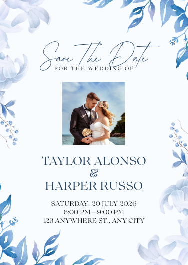 Blue and White Watercolor Save the Date Invitation