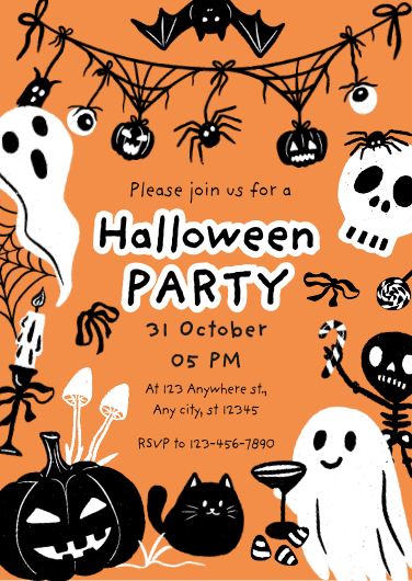 Whimsical Orange and Black Halloween Party Invitation