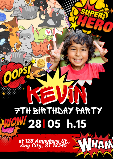 Red & Yellow Pop Art Cat Birthday Party Invitation