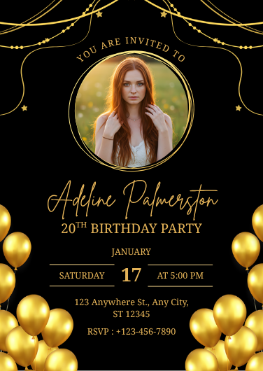 Customizable Black and Gold Photo Birthday Invitation