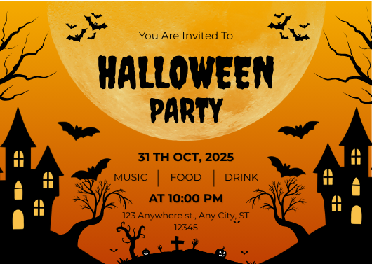 Spooky Orange and Black Halloween Party Invitation Template