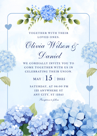 Blue Hydrangea Watercolor Wedding Invitation Template