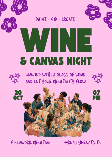 Purple and Green Illustrated Paint and Sip Invitation