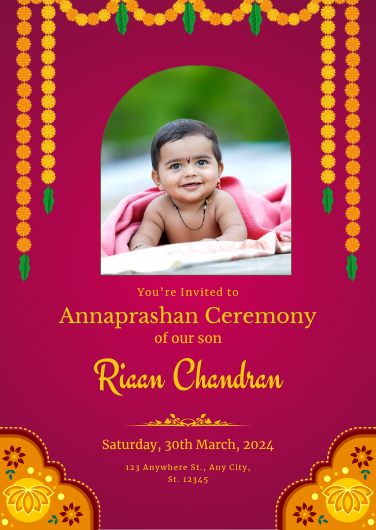 Traditional Purple and Yellow Annaprashan Ceremony Invitation