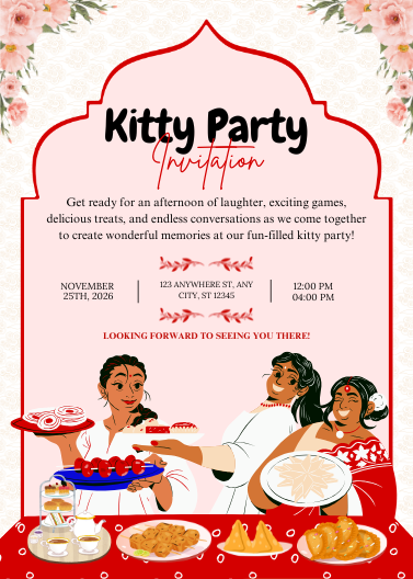 Red and White Illustrative Kitty Party Invitation