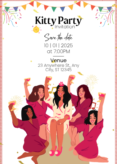 Colorful Illustrated Kitty Party Invitation Design