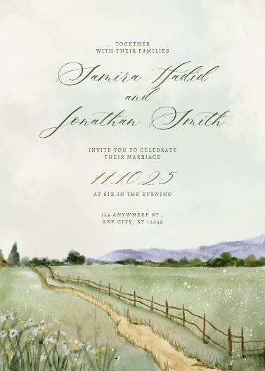 Green Watercolor Landscape Wedding Invitation
