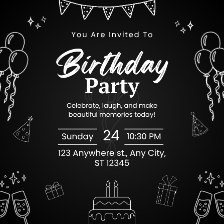Black and White Illustrative Birthday Party Invitation
