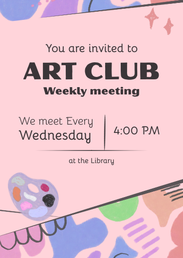 Pink and Purple Pastel Art Club Invitation Template