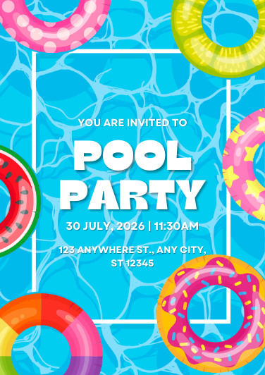 Blue Pink and Yellow Playful Pool Party Invitation