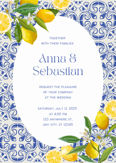 Blue Boho Mediterranean Tile and Lemon Wedding Invitation