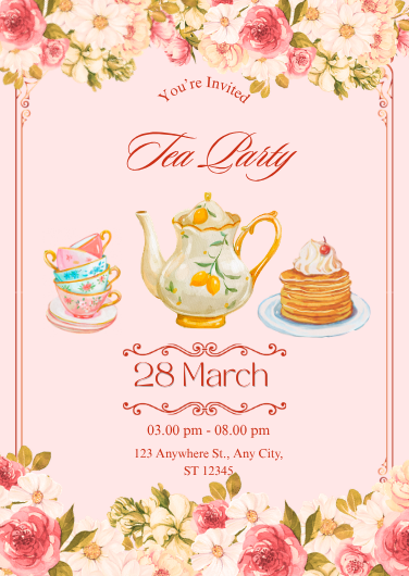Pink Floral Vintage Tea Party Invitation Template