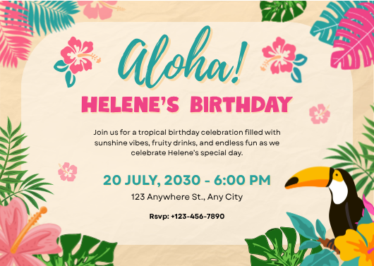 Beige and Pink Tropical Aloha Birthday Invitation