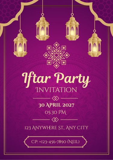 Purple and Gold Elegant Iftar Party Invitation Template