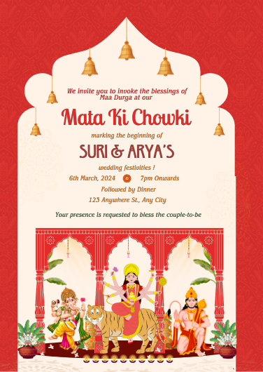 Red and Gold Traditional Mata Ki Chowki Invitation