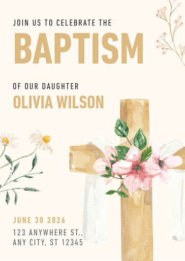 Beige and Pink Illustrated Floral Baptism Invitation