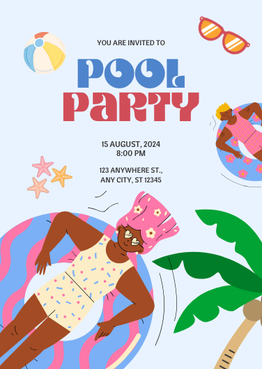 Blue and Pink Playful Pool Party Invitation Template