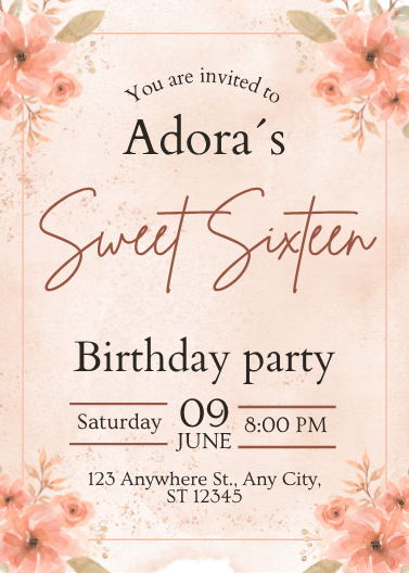 Pink and Beige Floral Watercolor Sweet 16 Invitation