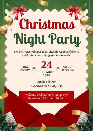 Elegant Green and Red Christmas Night Party Invitation