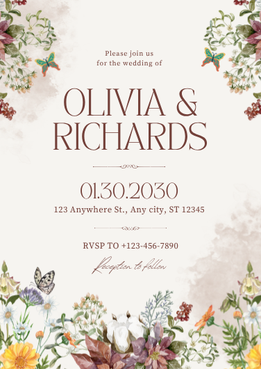 White and Purple Illustrative Flower Wedding Invitation
