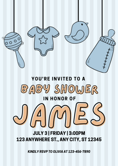 Blue Cute Baby Shower Cartoon Invitation Template