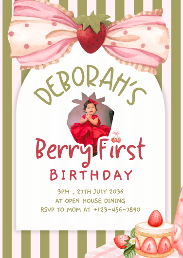 Berry First Birthday Invitation Template with Strawberry Motif
