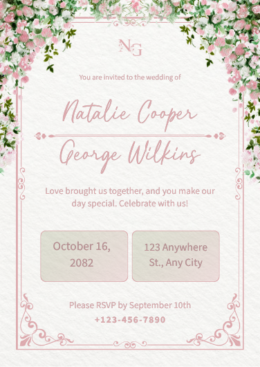 Pink and Green Romantic Floral Wedding Invitation
