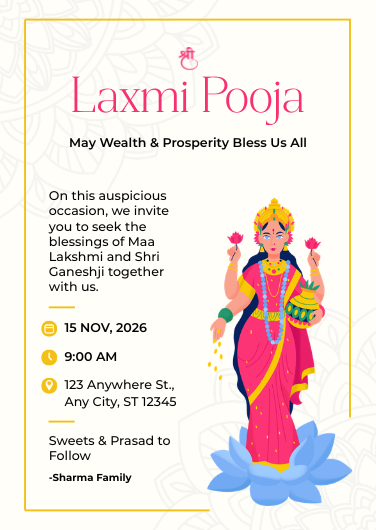 Pink and Yellow Illustrated Laxmi Pooja Invitation