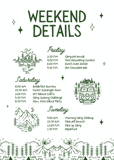 Green Illustrated Camp Bachelorette Weekend Itinerary