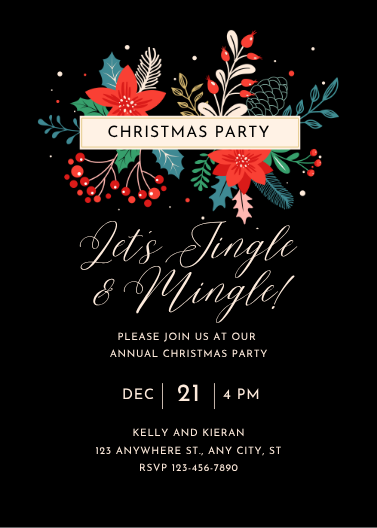 Black and Red Floral Christmas Party Invitation